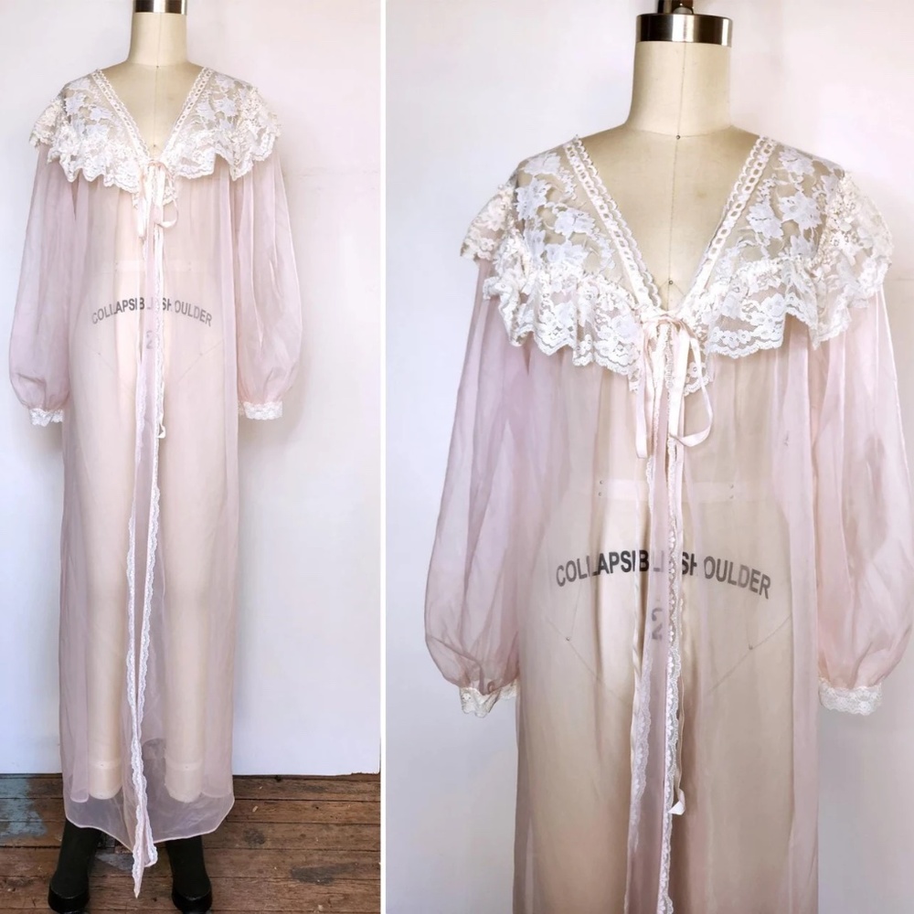 Vintage LACE Pink Long Night Gown Robe Bed Jacket by JC Penny USA Layering M